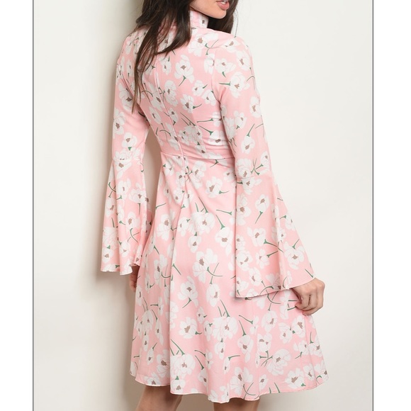 PINK FLORAL CHOKER NECK LONG SLEEVE DRESS LARGE - Picture 4 of 5